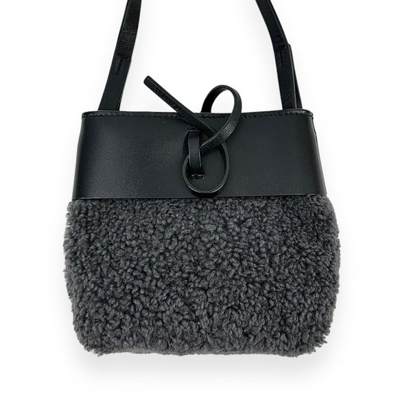 Kara Gray Black Leather & Shearling Nano Tie Crossbody Bag - Picture 1 of 13